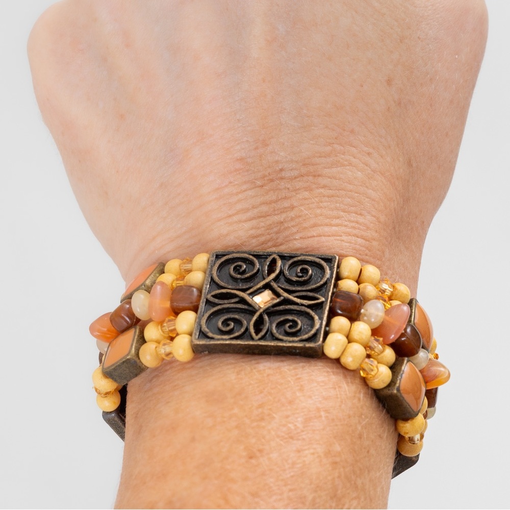 Boho chic bracelet western stretch bracelet neutral beads & stones